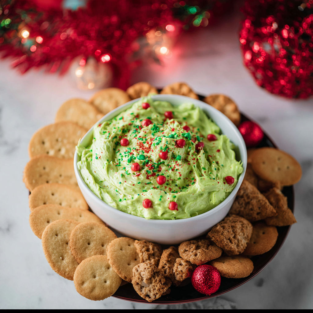 A bowl of green dip with a cookie on top.