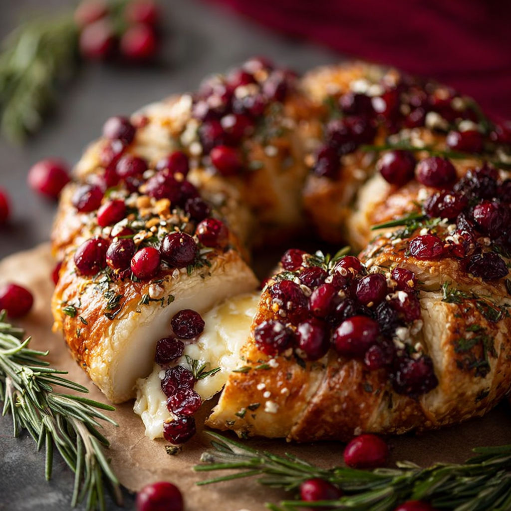 A mouth-watering cheese and cranberry holiday wreath appetizer.