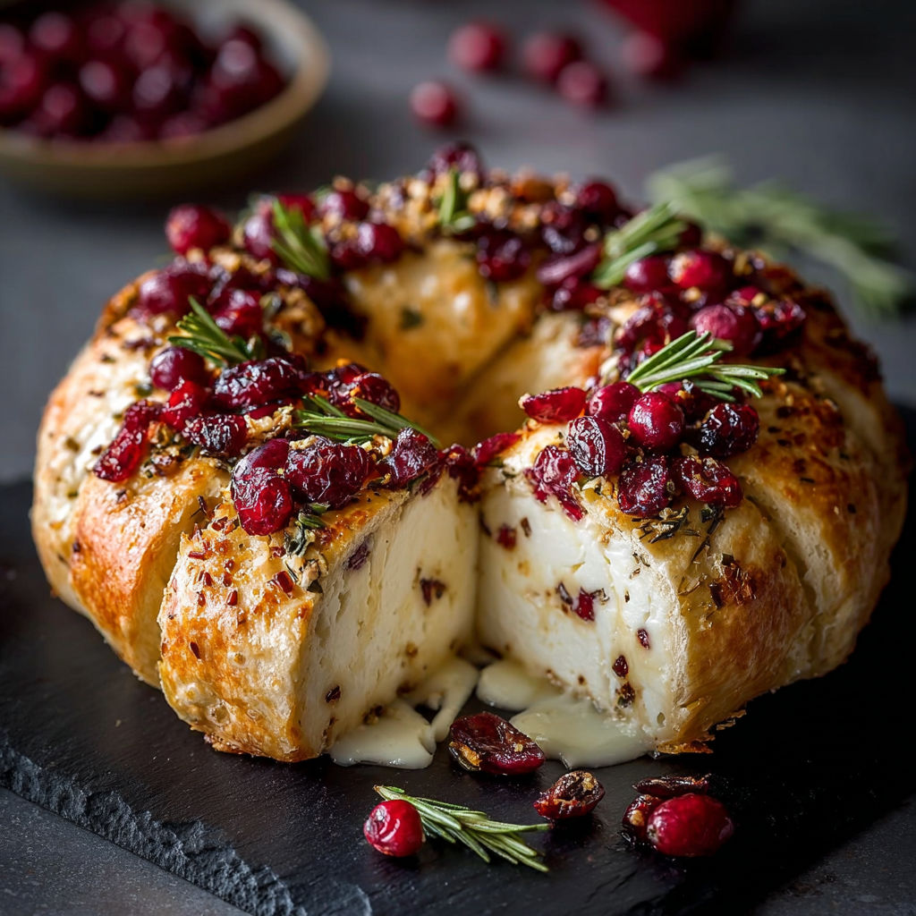 A golden baked cheese and cranberry holiday wreath.