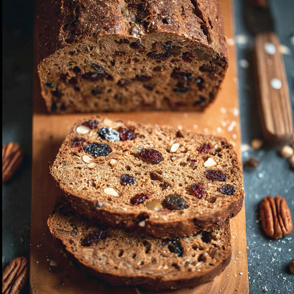 A loaf of bread with raisins and nuts.