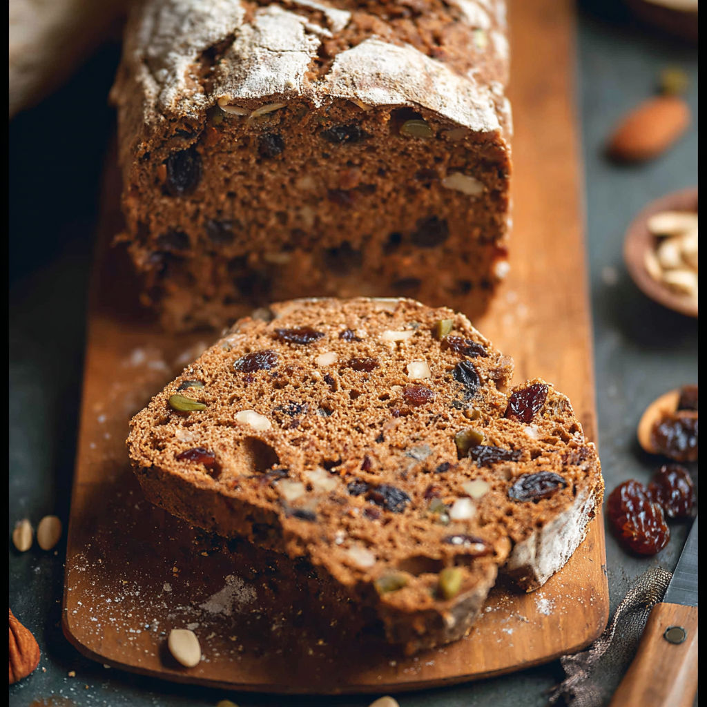 A slice of bread with raisins and nuts.
