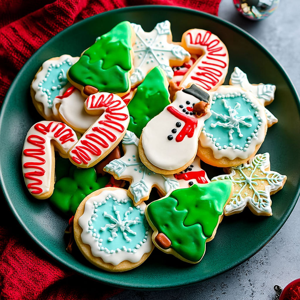 A plate of cookies with a green tree and white snowflakes on them.