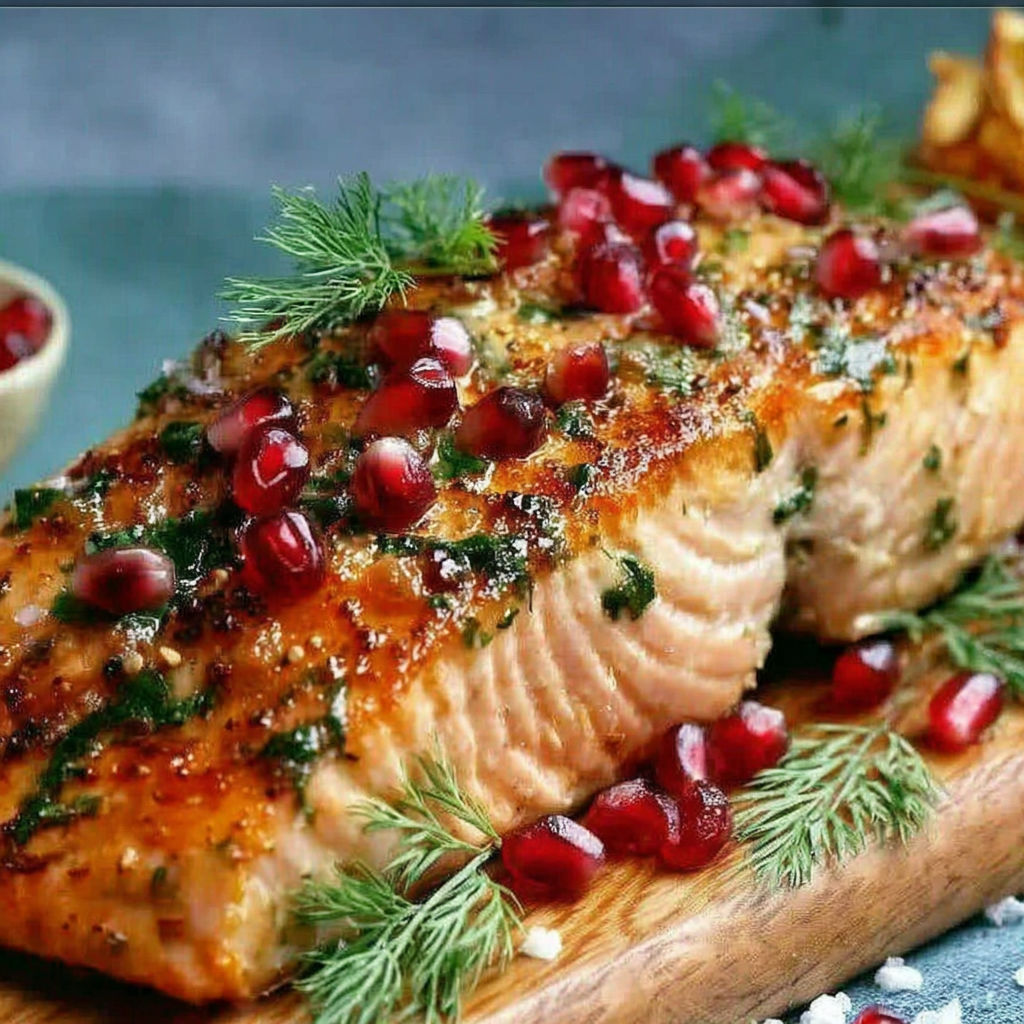 A salmon with a crown of red pomegranate seeds.