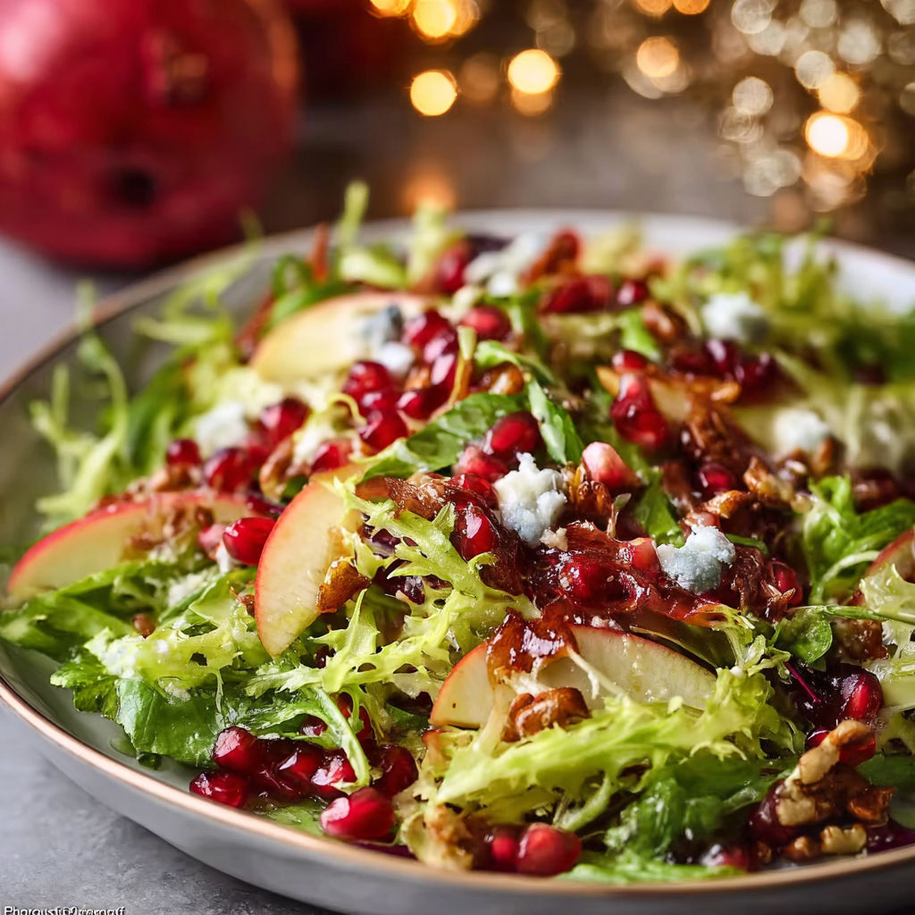 A plate of salad with pomegranate, lettuce, and walnuts.