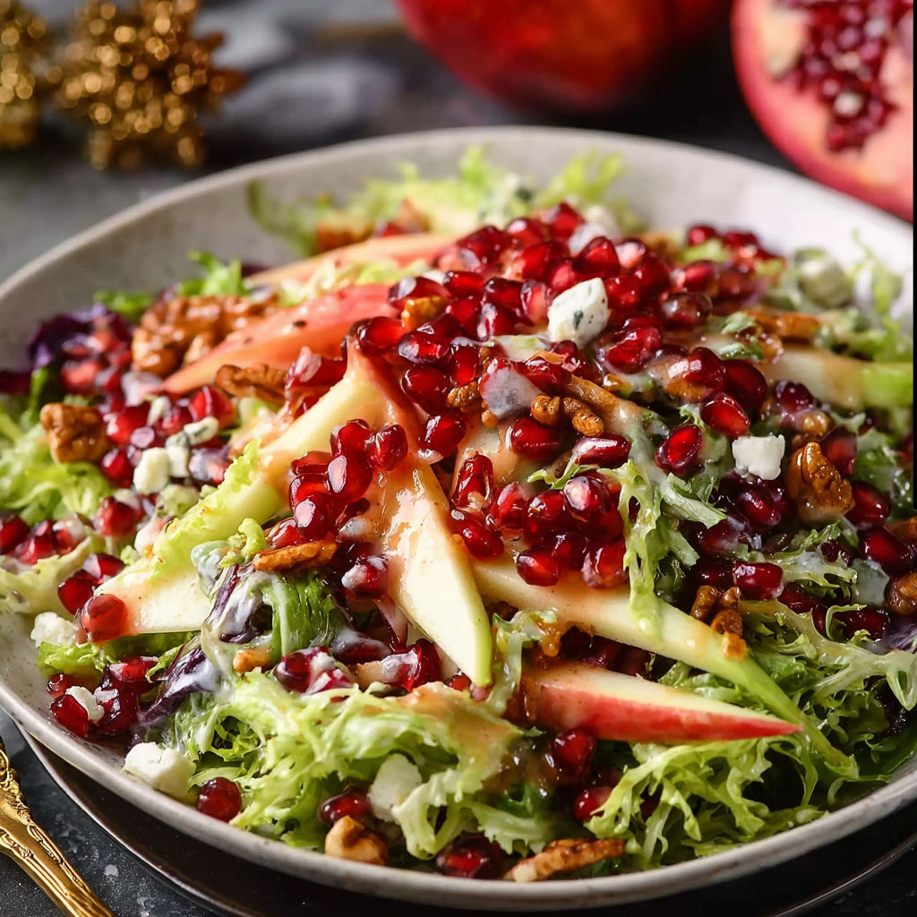 A plate of salad with pomegranate and walnuts.