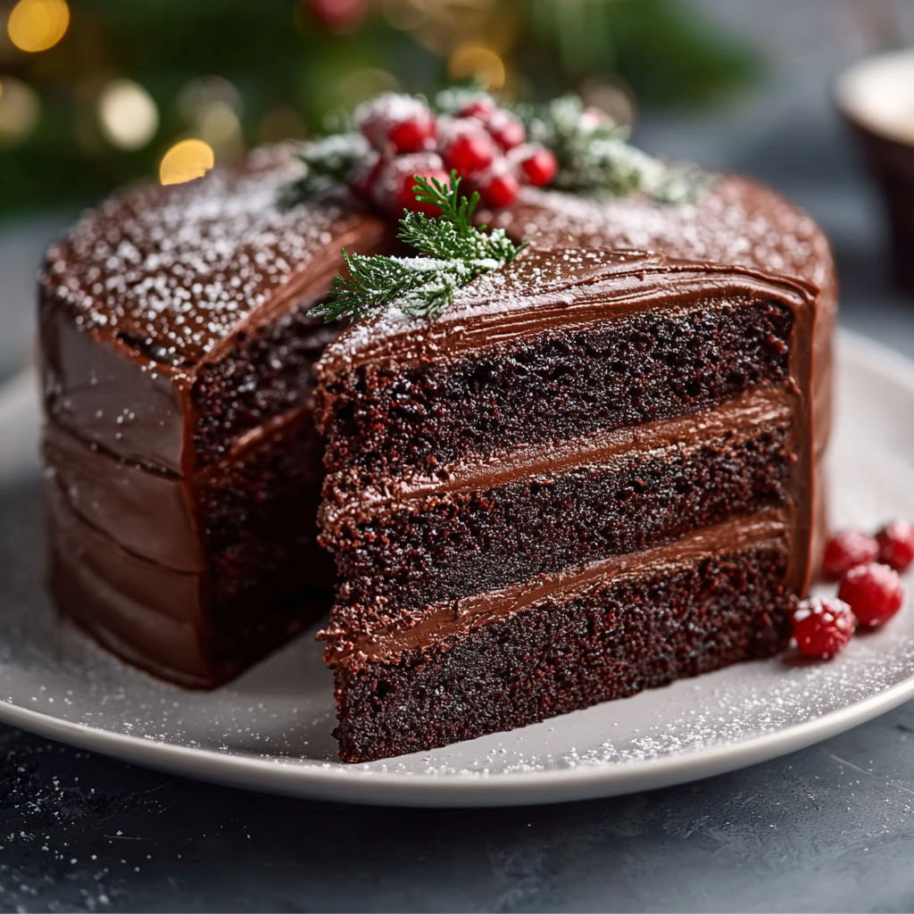 A slice of chocolate cake with white icing and red berries.