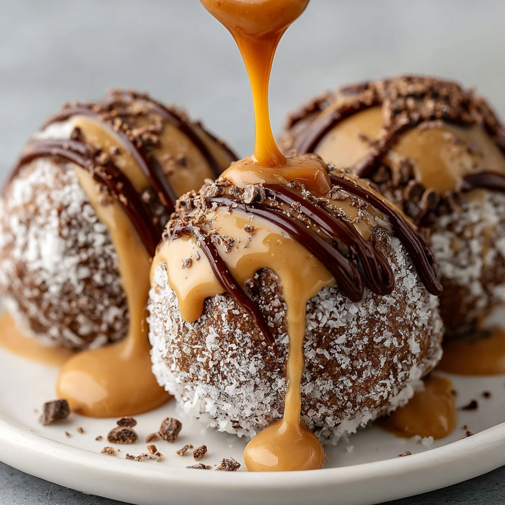 A plate of donuts with chocolate and caramel toppings.