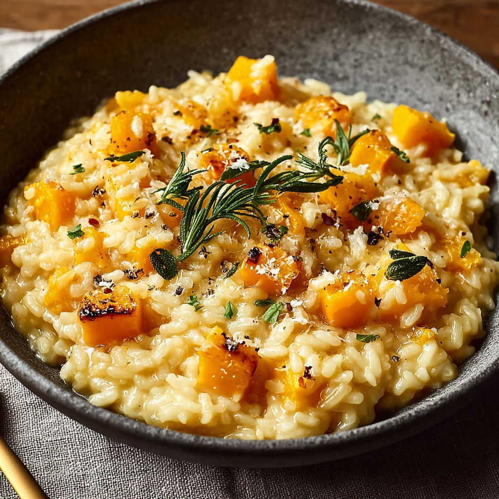 A bowl of risotto with butternut squash.