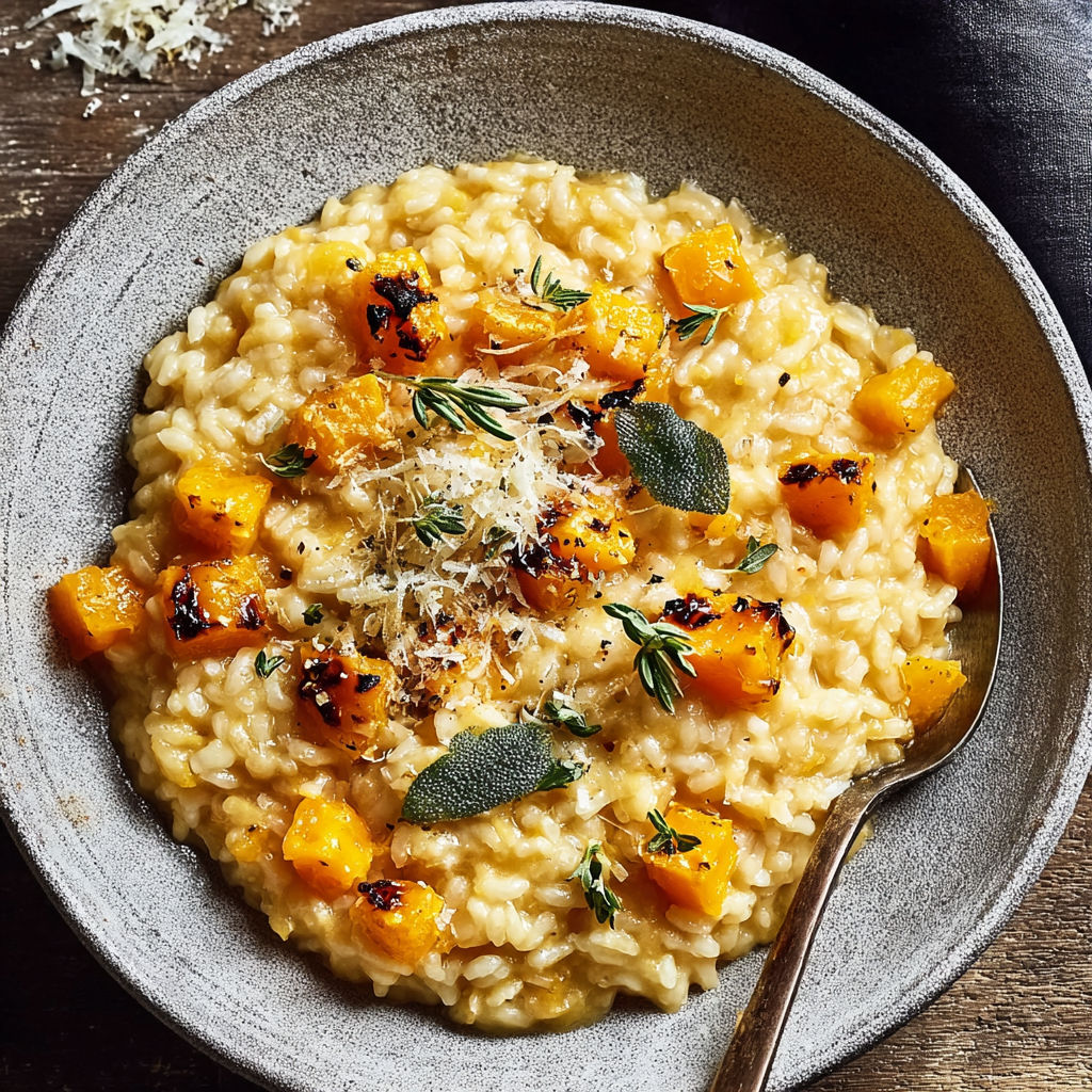 A bowl of risotto with butternut squash.