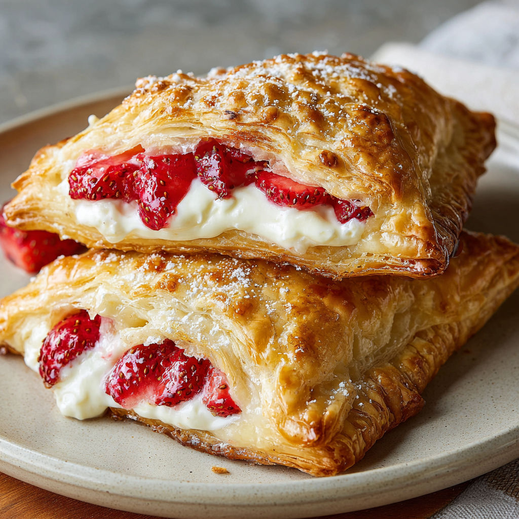 Two strawberry cream cheese turnovers on a plate.