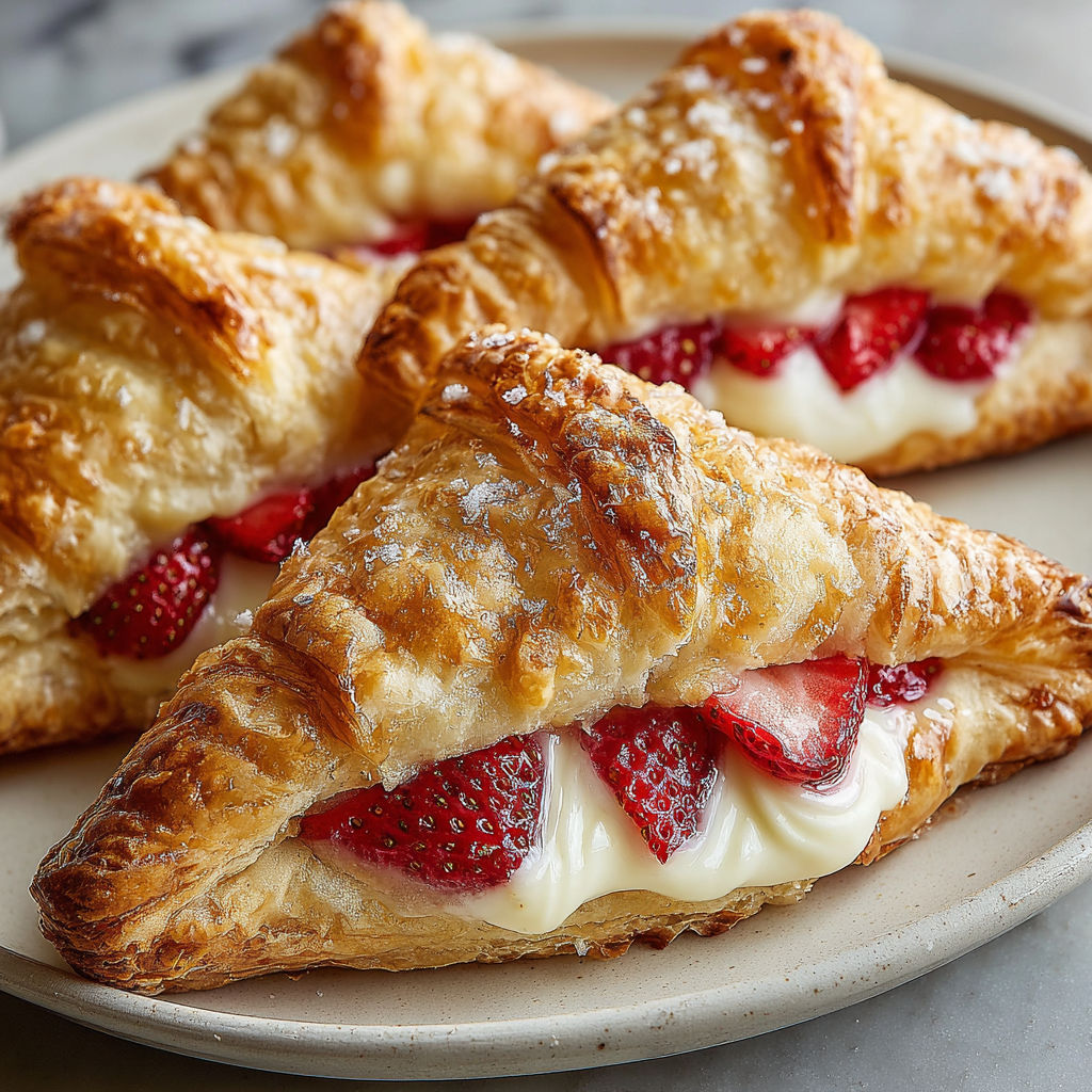 Two croissants with strawberries and whipped cream.