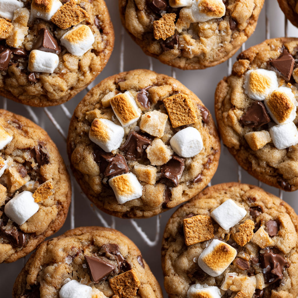 Marshmallows and chocolate chips on a cookie.