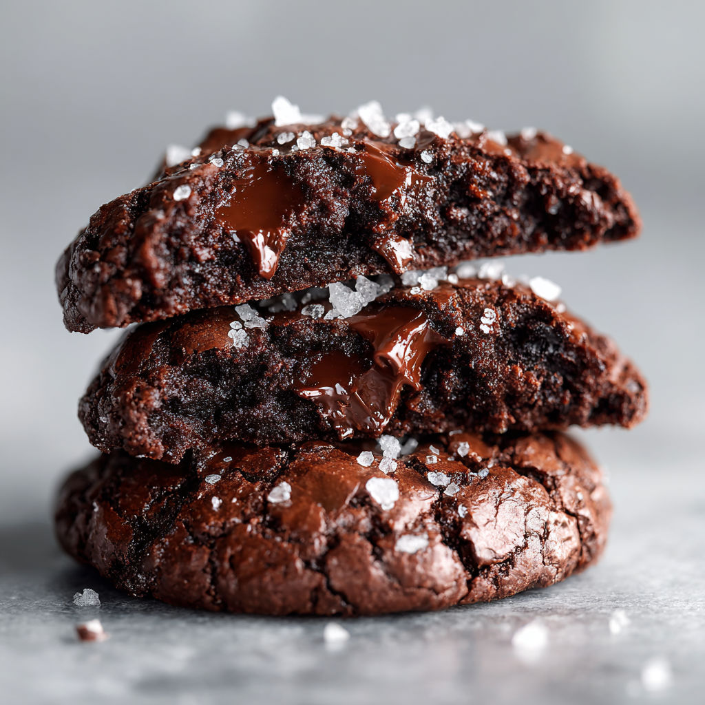 Salted brownie cookies stacked on top of each other.