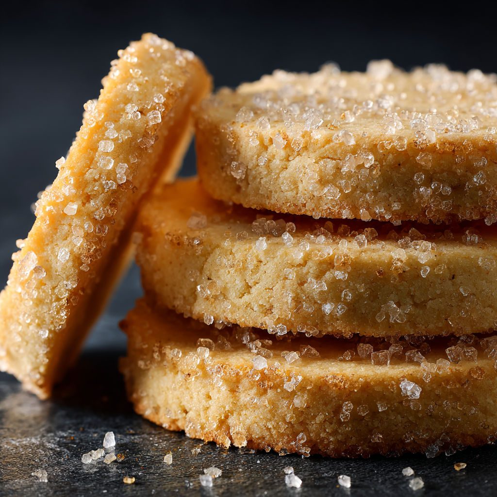 A stack of cookies with sugar sprinkled on top.