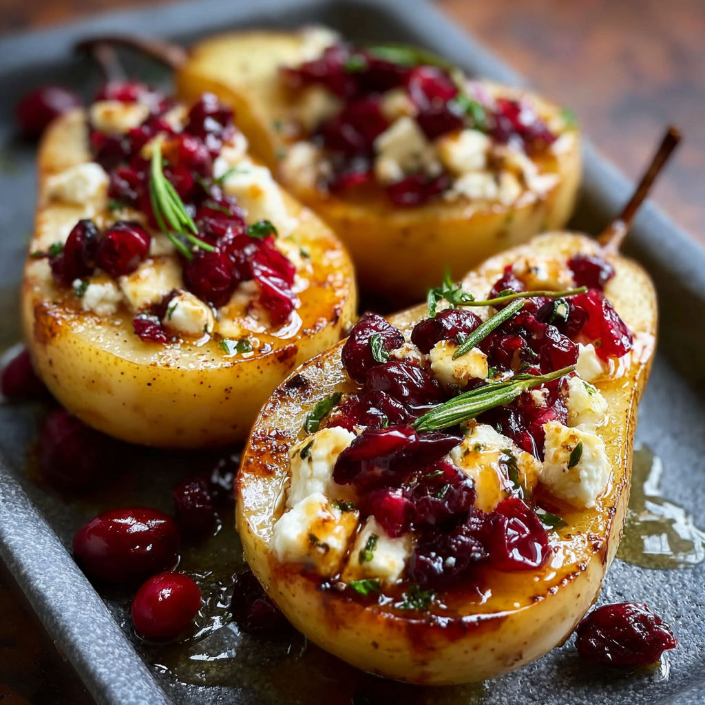 Baked pears with feta, honey, and cranberries.