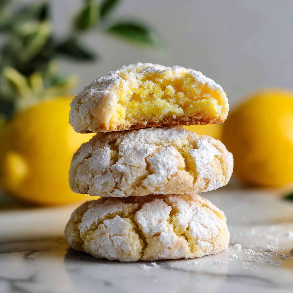 Three lemon crinkle cookies stacked on top of each other.
