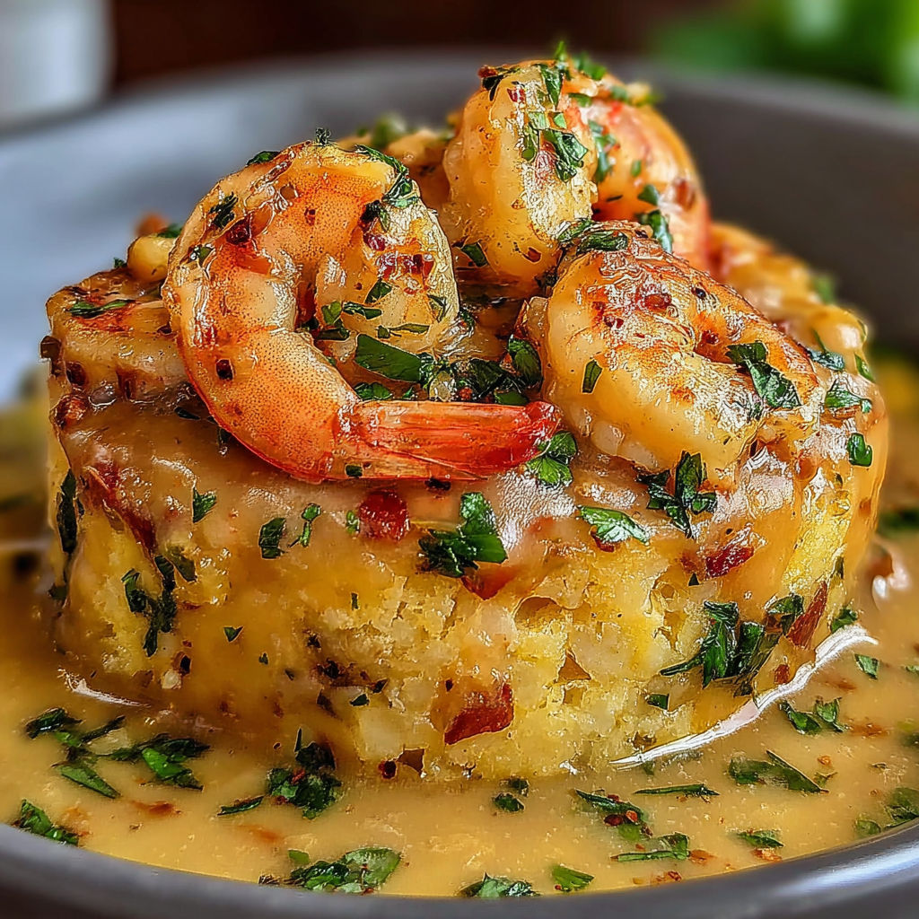 A plate of garlic shrimp mofongo.