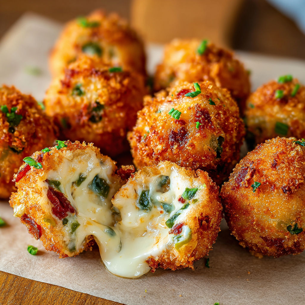 Crispy cheese jalapeno balls on a table.