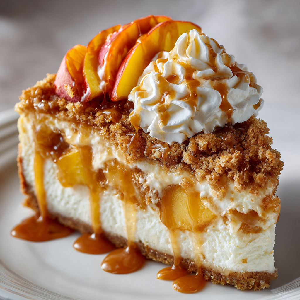 A slice of peach cobbler cheesecake bliss.