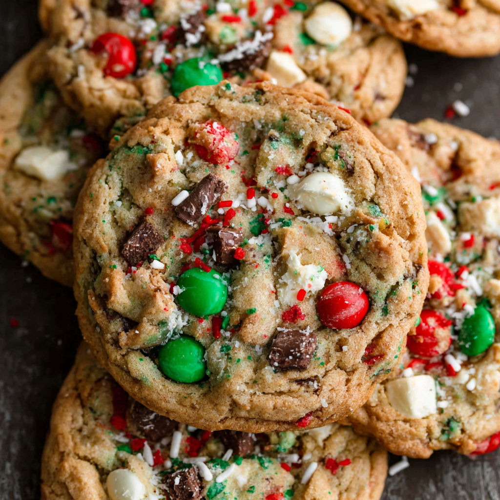 A close up of a chocolate chip cookie with white and red sprinkles.