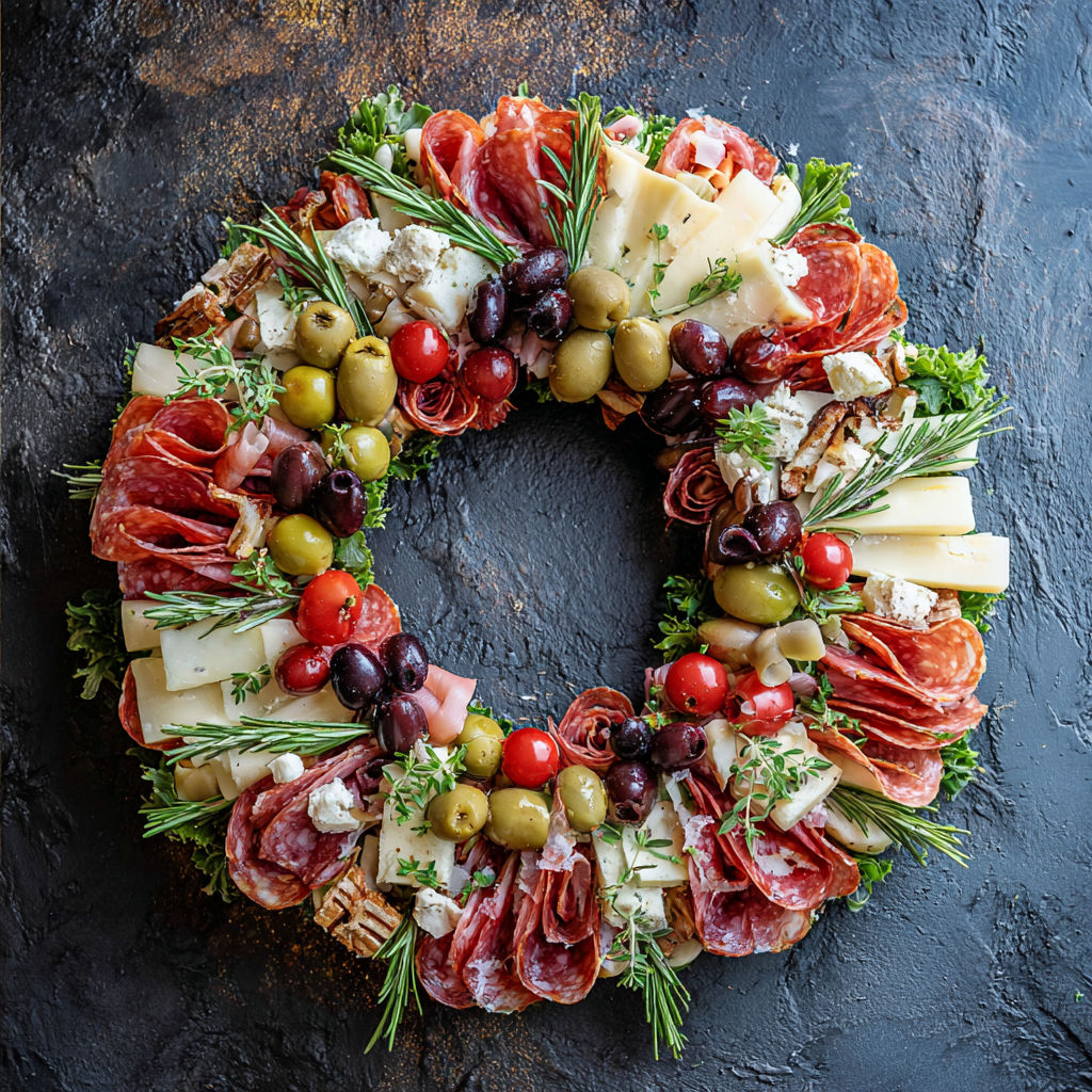 A wreath made of cheese, olives, tomatoes, and ham.