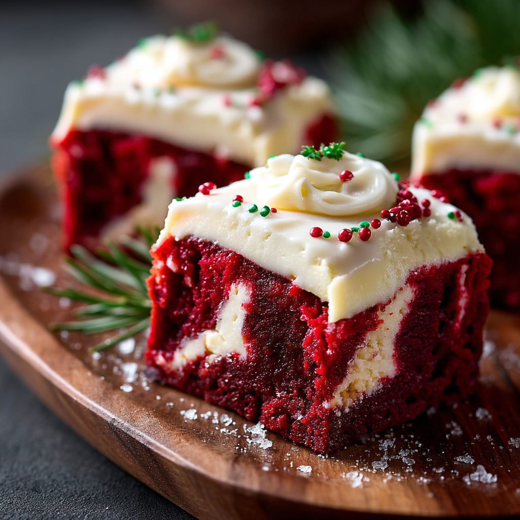 A slice of red velvet cake with white frosting and a sprig of holly.