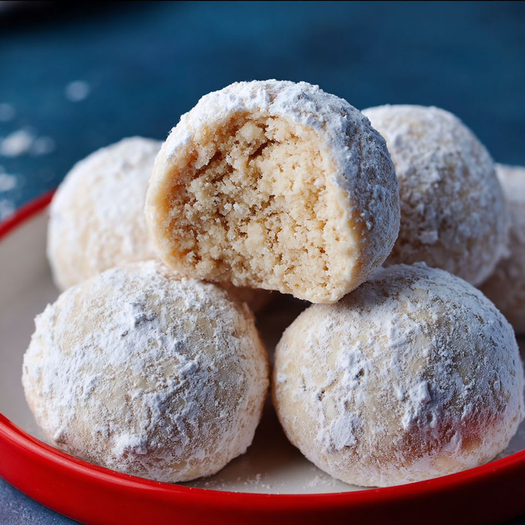 Snowball cookies on a plate.