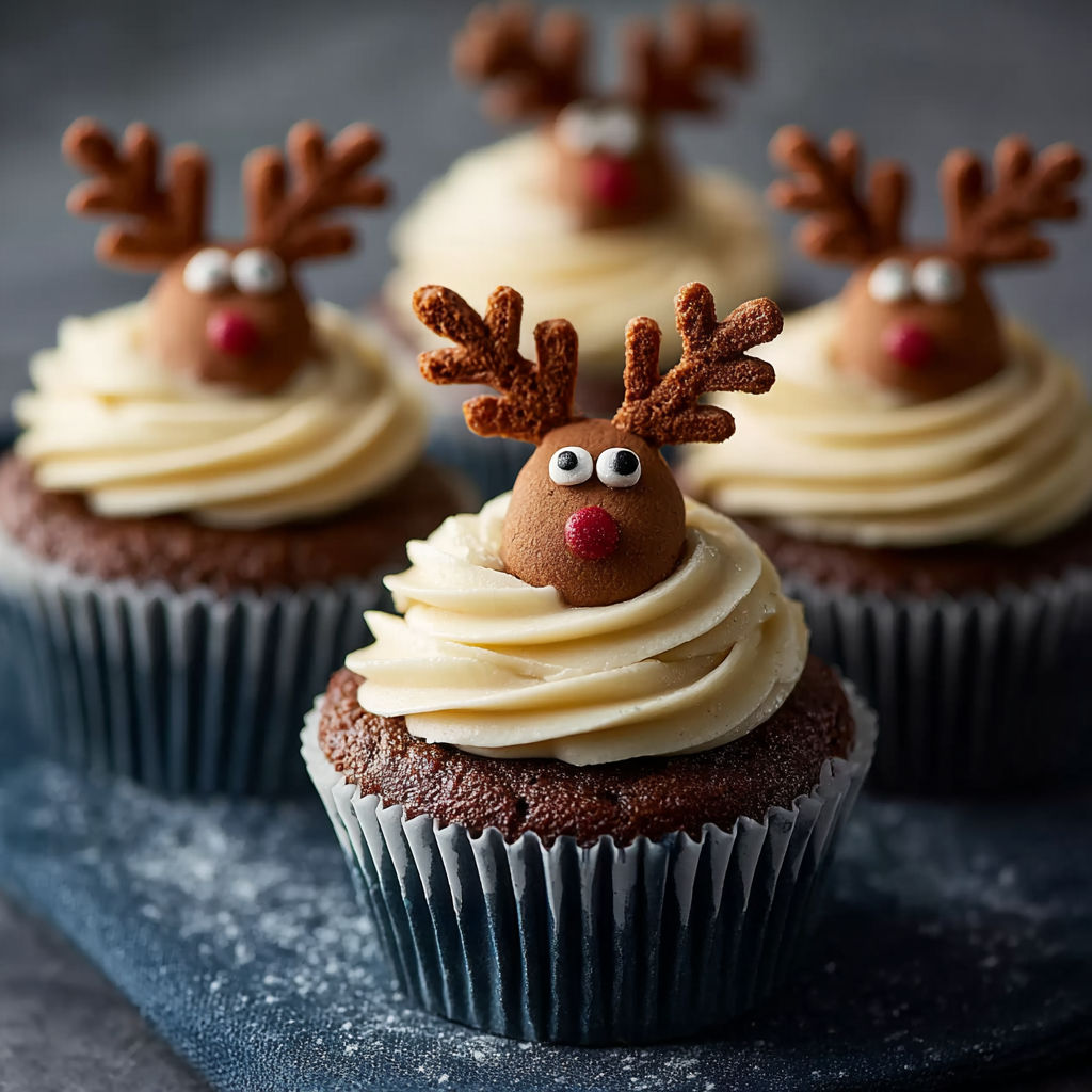 A cupcake with a reindeer face on it.
