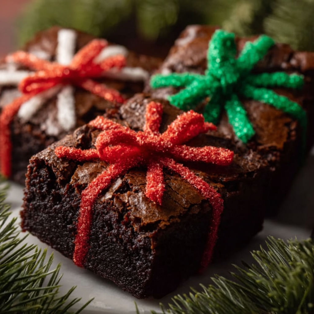 Two brownies with red and green ribbons.
