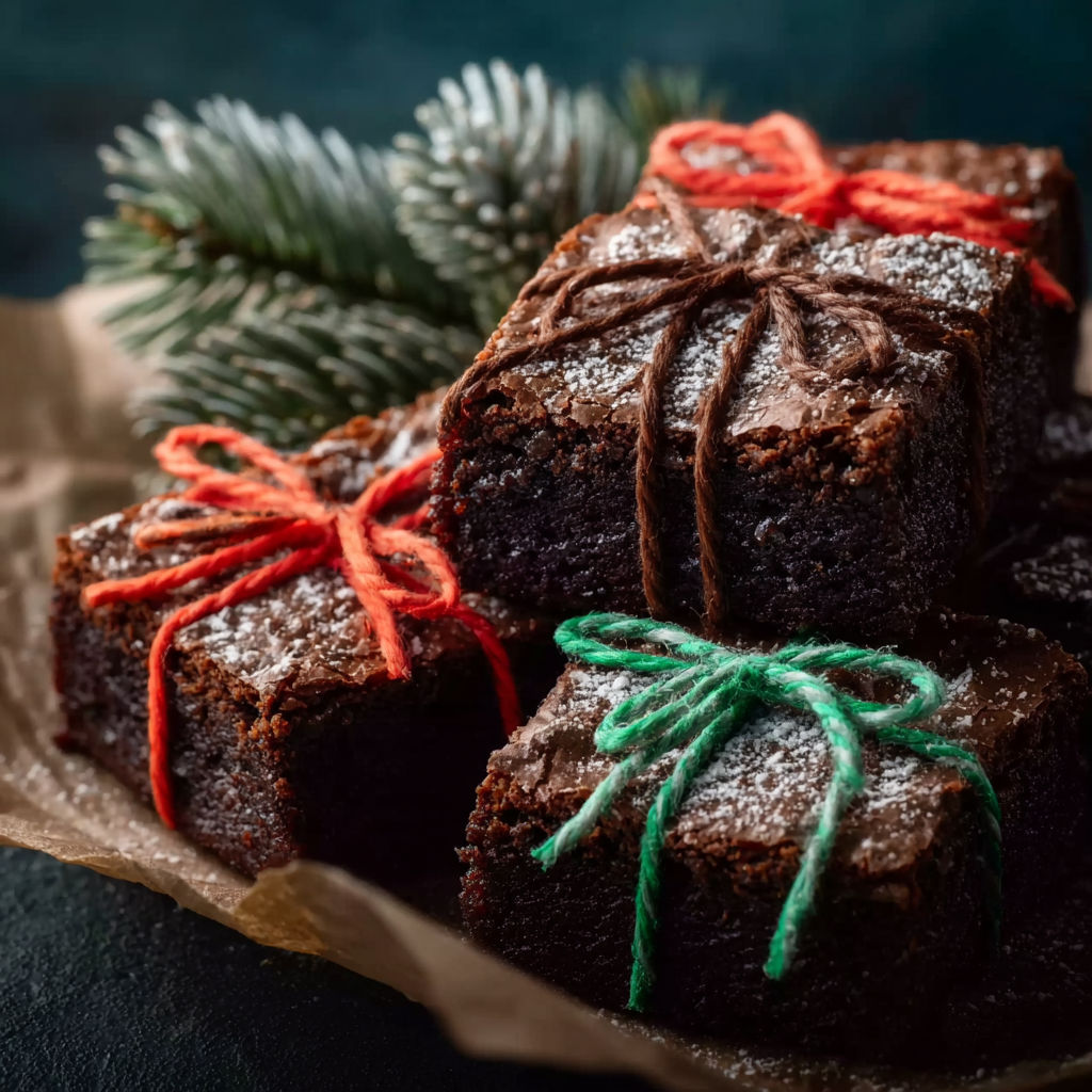 A plate of brownies wrapped in Christmas presents.
