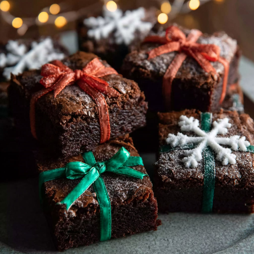 A plate of brownies with green and red ribbons.