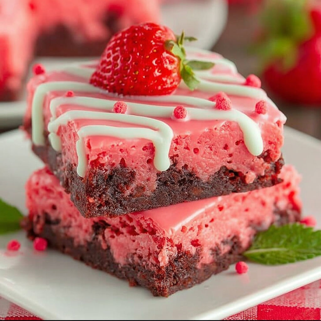 A slice of pink and brown strawberry cheesecake.