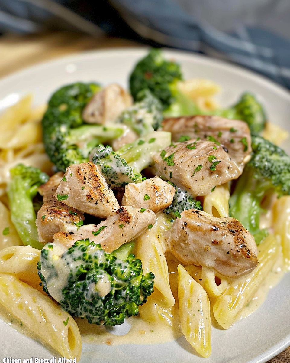 A plate of Cajun Chicken and Broccoli Alfredo.