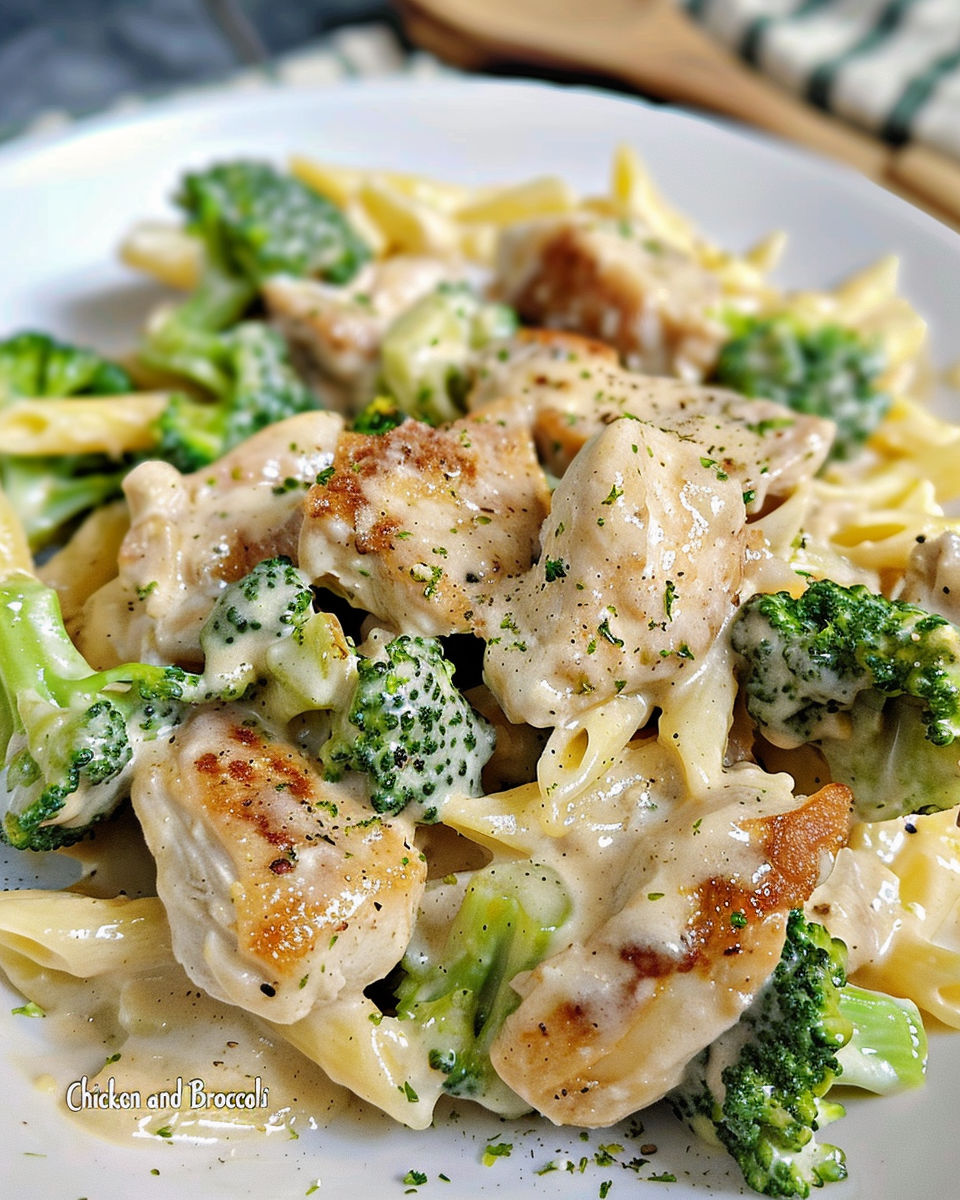A plate of Cajun Chicken and Broccoli Alfredo.
