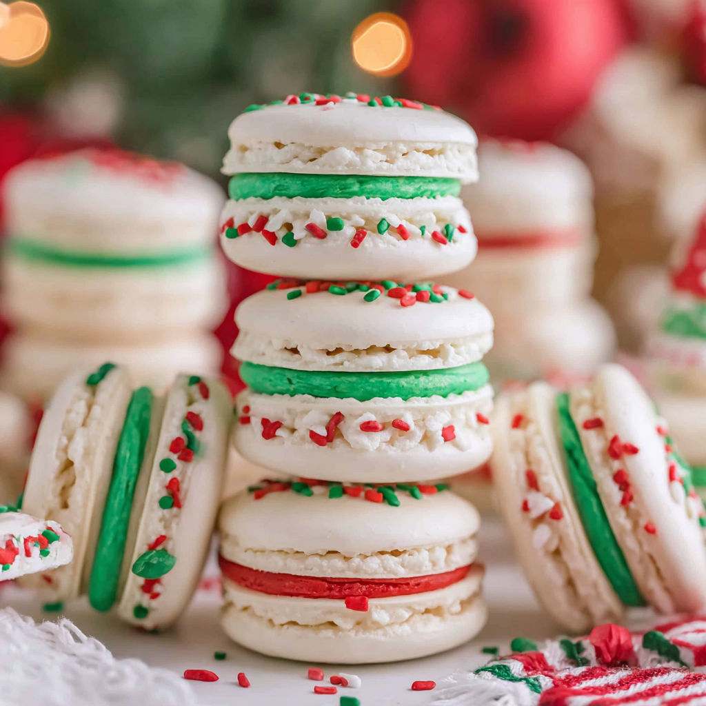 A stack of Christmas tree cake macarons.