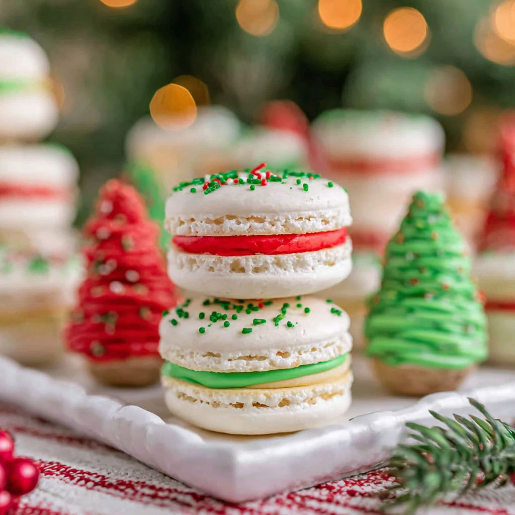 A plate of Christmas tree cake macarons.