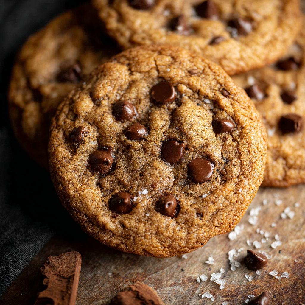 A chocolate chip cookie on a table.