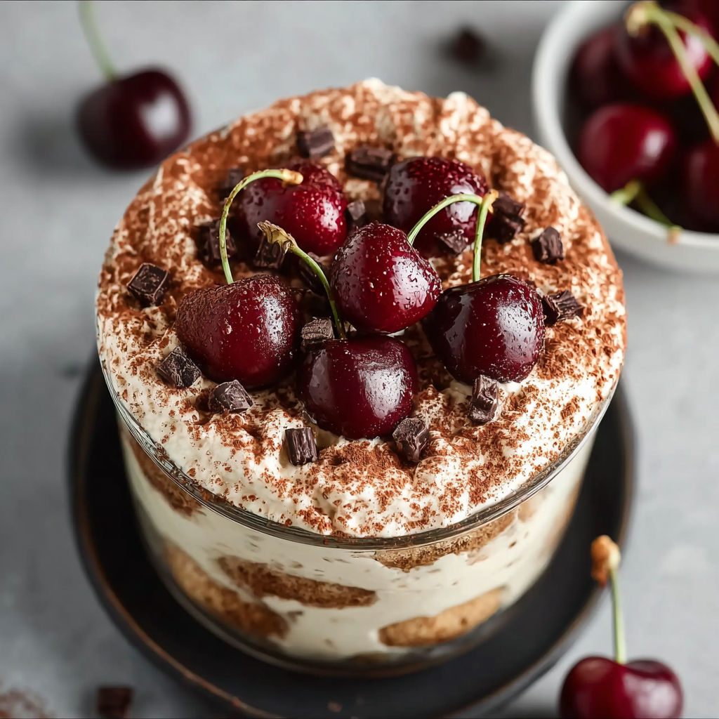 A dessert with cherries and chocolate.