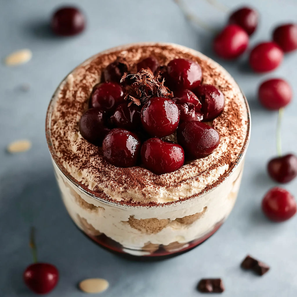 A glass of dessert with cherries and chocolate.