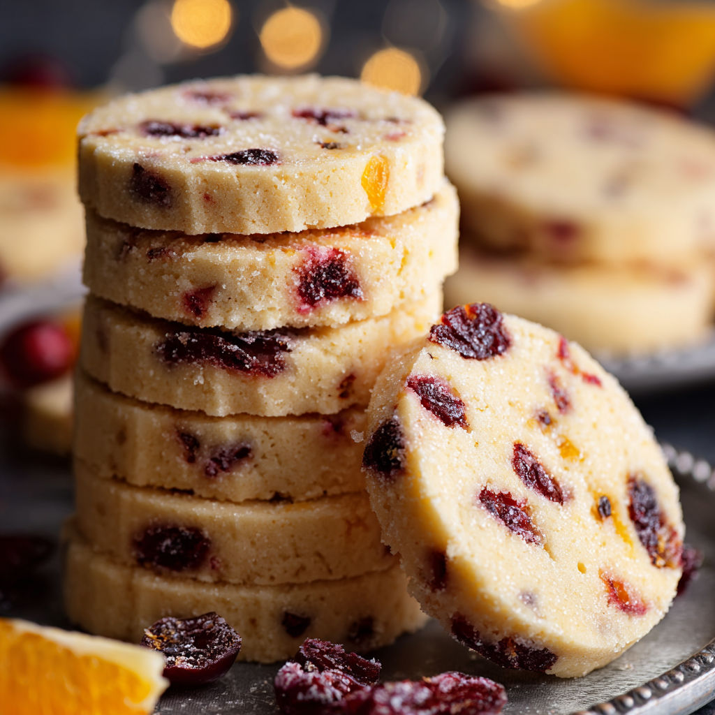 A stack of cranberry orange shortbread cookies.