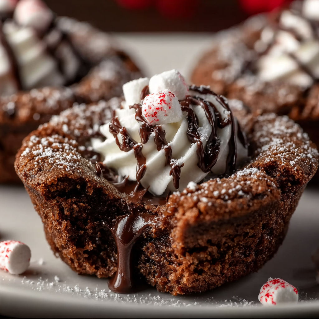 A chocolate dessert with white whipped cream and candy canes.