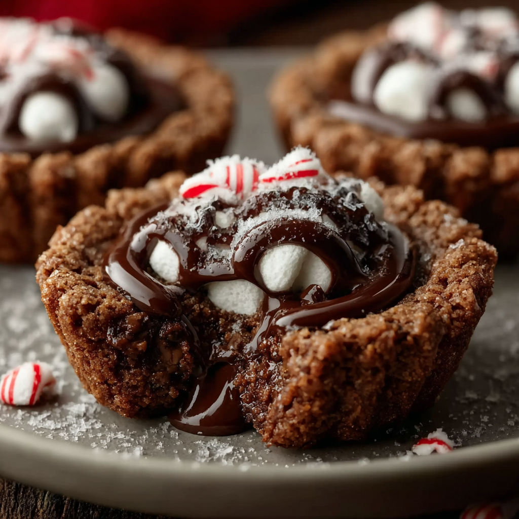 A chocolate dessert with marshmallows and a striped candy.