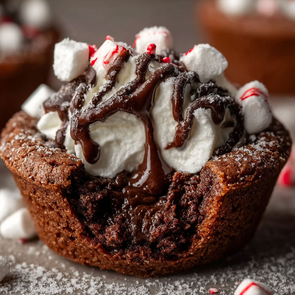 A chocolate dessert with white whipped cream and marshmallows.