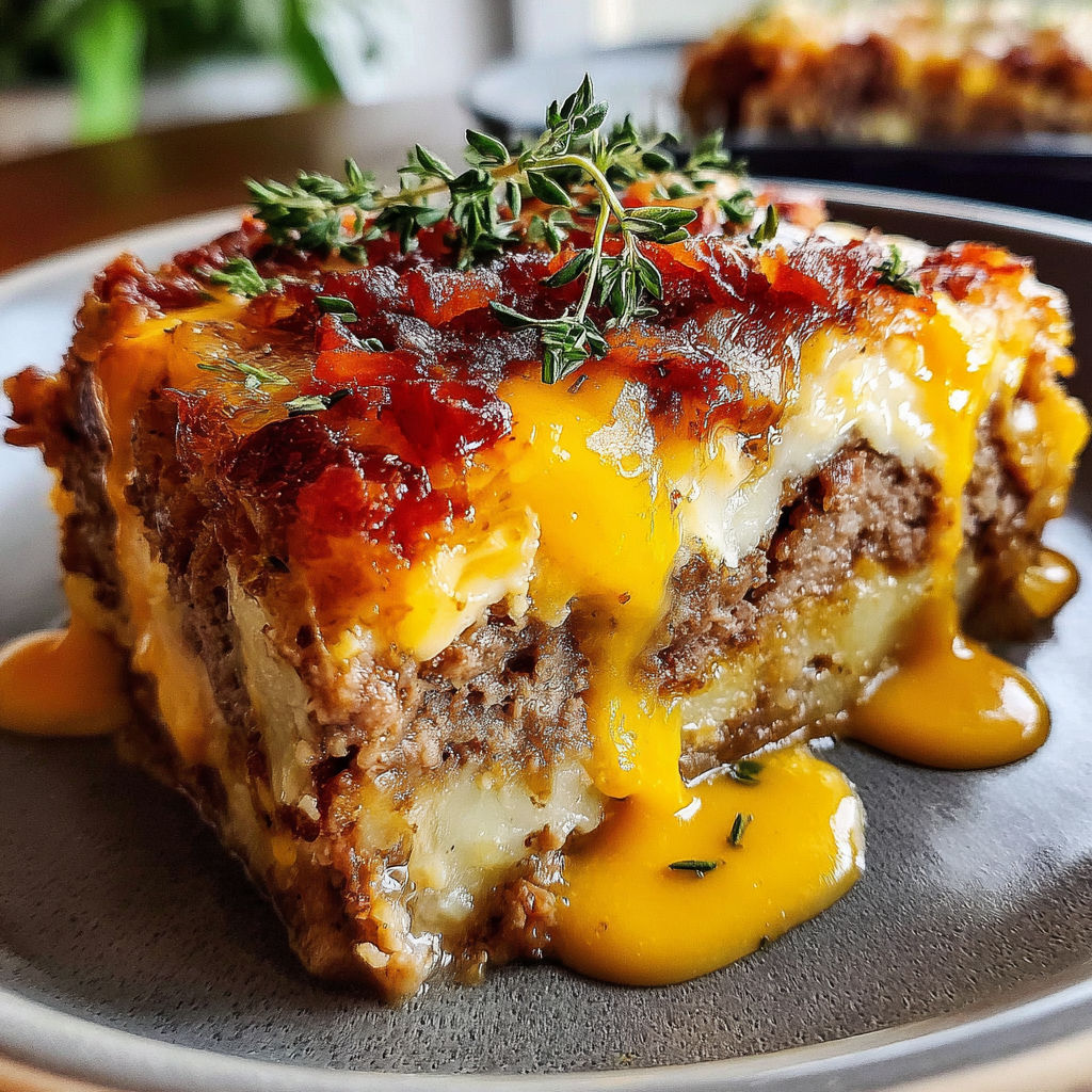 A loaded potato and meatloaf casserole on a plate.