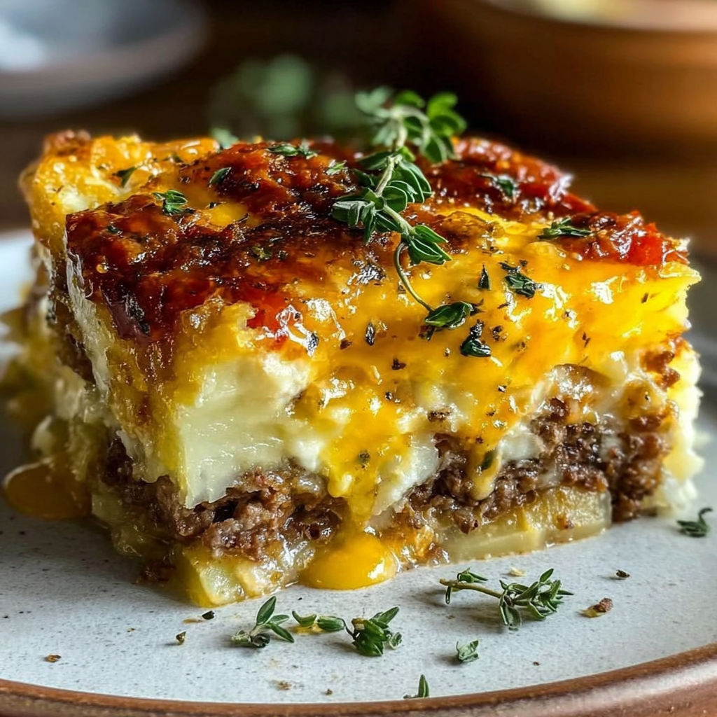 A slice of lasagna with cheese and herbs on top.