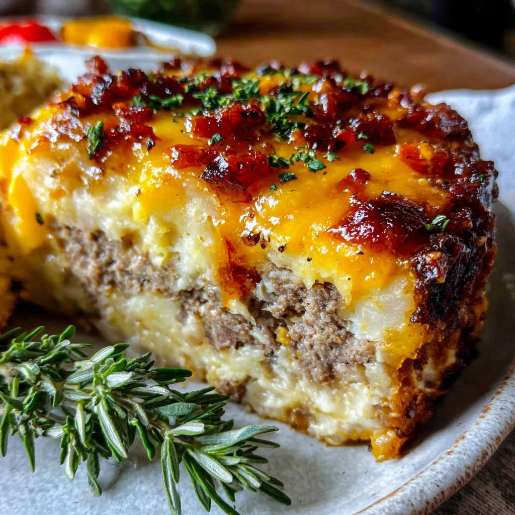 A piece of cake with bacon on top.