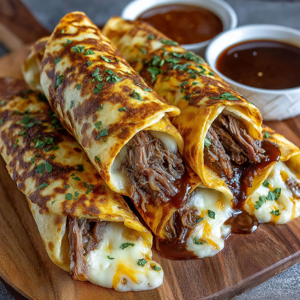 French dip tortilla roll ups with cheese and gravy.