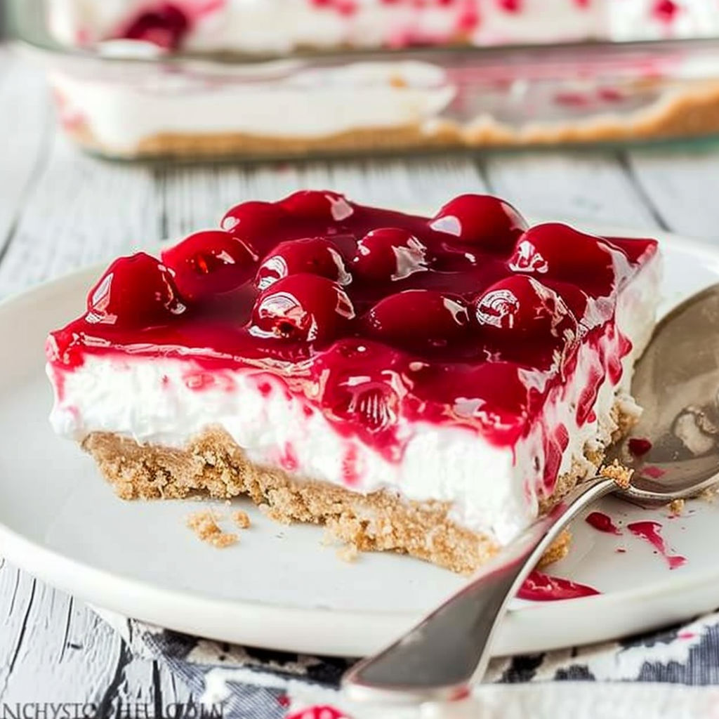 A slice of cake with cherries on top.