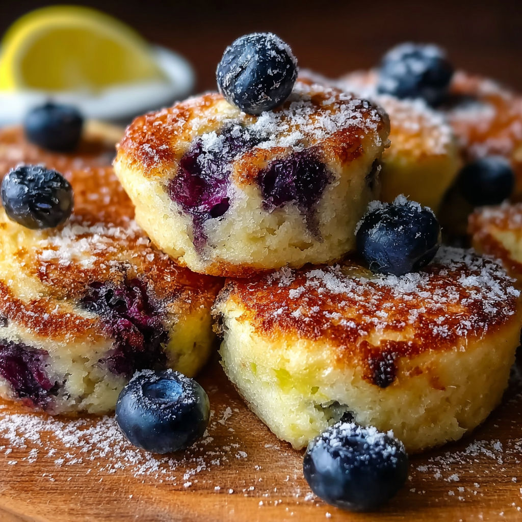 A stack of blueberry muffins with powdered sugar on top.