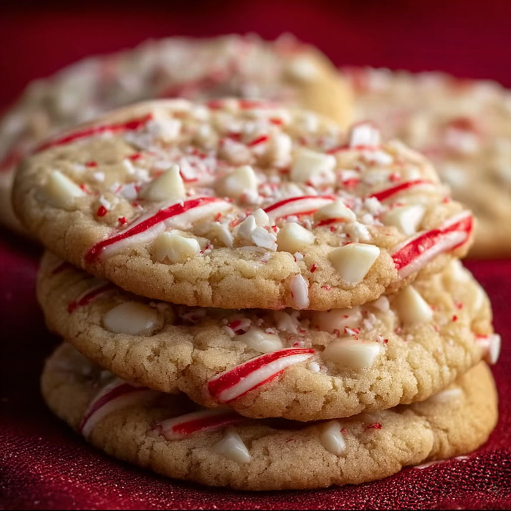 White chocolate candy cane cookies stacked on a red table.